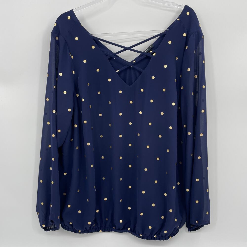 TORRID Chiffon Lattice Blouse Womens 2X Long Sleeve Gold Polka Dot Pull Over